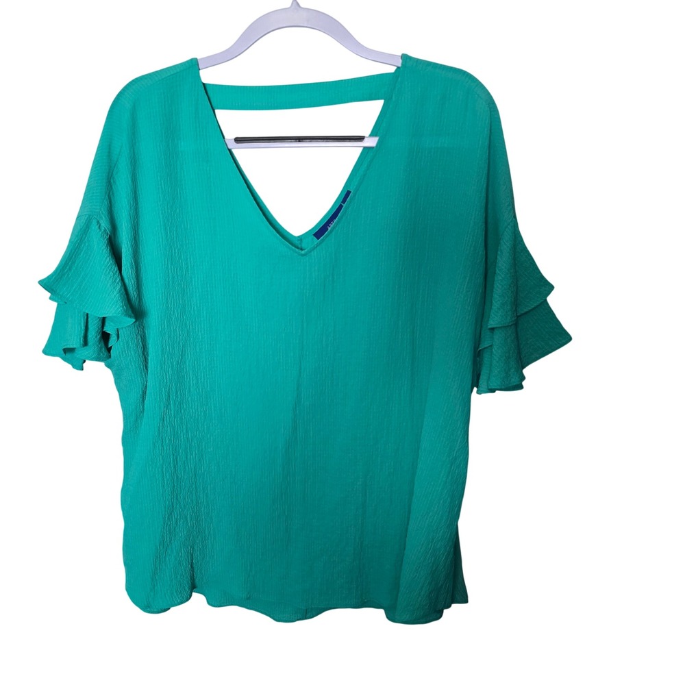 Apt. 9 Womens XXL Teal Green Ruffle Sleeve V-Neck Textured Blouse Back Cutout